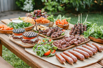 Delicious grilled burgers, sausages, kebabs, and salads filling a summer picnic table