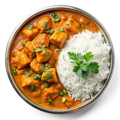 Curry and rice on white background