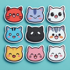 Obraz premium A colorful array of cartoon cat faces featuring various expressions, arranged in a 3x3 grid on a blue background.