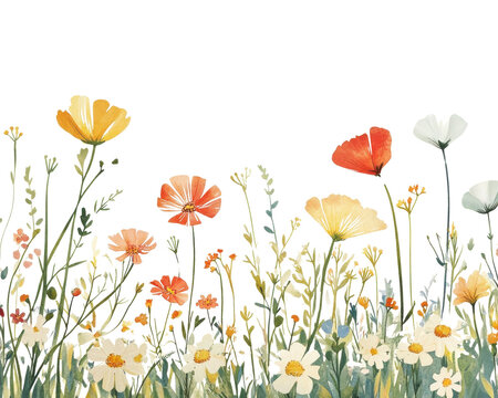 Colorful wildflowers with green stems against a white isolated background.