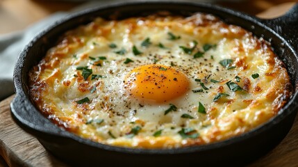 A skillet dish featuring a golden egg yolk surrounded by baked cheese, herbs, and spices, creating a mouthwatering breakfast.