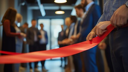 A group of people cutting a ribbon for a grand opening.