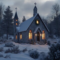 Snow-covered stone church with warm lights at dusk.