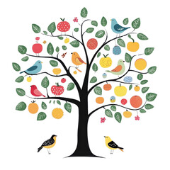 Obraz premium Colorful tree with various fruits and birds on a white isolated background.