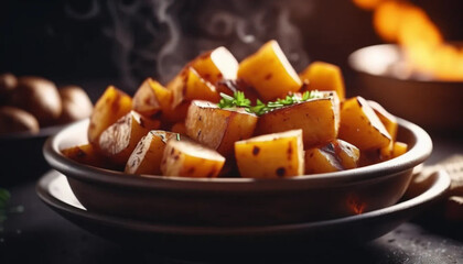 Hot cooked potatoes in w bowl. Close up. 