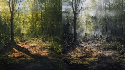 Obraz premium before after simulation, A lush, vibrant forest with tall green trees, The same location transformed into a barren wasteland with tree stumps, cracked earth, 16:9