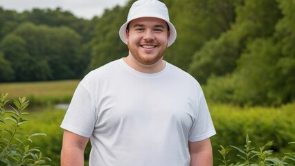 Plus size young man wearing white t-shirt and white bucket hat standing in nature