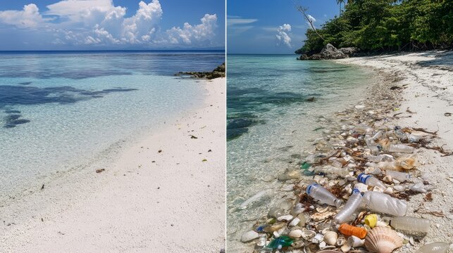 before after pictures, a beautiful beach is disfigured by plastic waste, 16:9