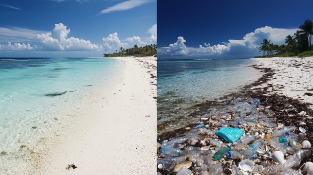 before after pictures, a beautiful beach is disfigured by plastic waste, 16:9