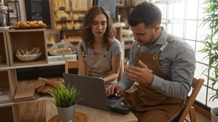 Concerned man and woman bakers calculating accounts on laptop in bakery interior - Powered by Adobe