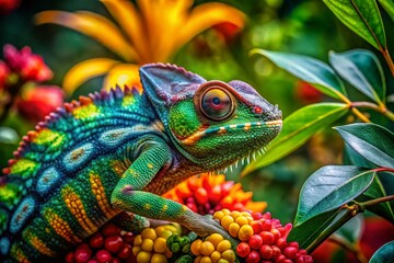 Fototapeta premium Captivating Art Life of a Chameleon in Nature: Block Print Style Depicting Vibrant Colors and Textures with a Rule of Thirds Composition for a Striking Visual Impact