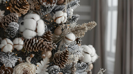 Beautiful decorated Christmas tree with dry flowers, pine cones and cotton. Boho design. Close-up.