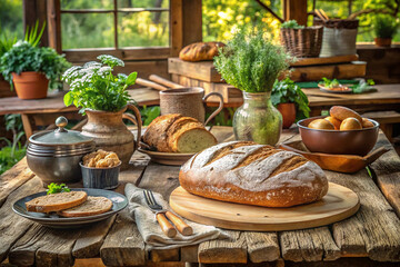Naklejka premium Rustic table setup with homemade bread