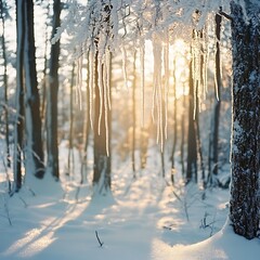 Obraz premium Sunlit winter forest scene with ice formations on branches.