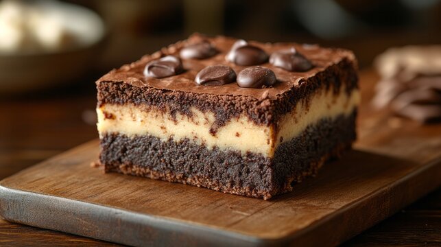 Brookie slice on a rustic wooden board