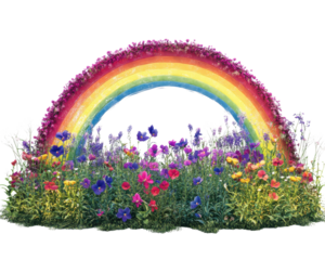 Colorful flowers under a vibrant rainbow on a white isolate background.