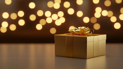 Beautiful golden gift box on table with blurred festive lights background, space for text