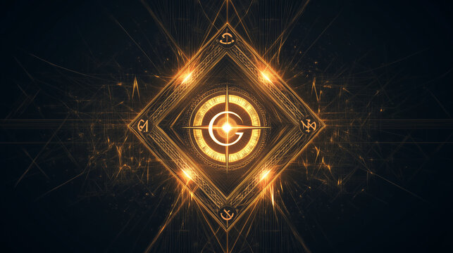A detailed illustration of the Masonic square and compass symbol, with a radiant G at its center, glowing against a dark background