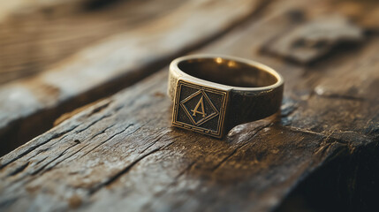A close-up of a Masonic ring engraved with the square and compass, resting on a weathered wooden table