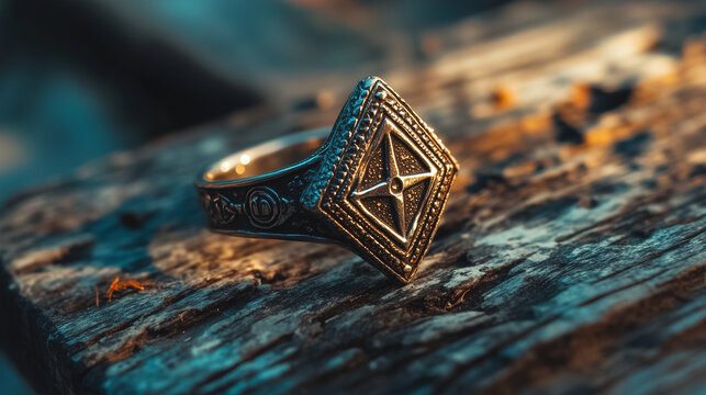 A close-up of a Masonic ring engraved with the square and compass, resting on a weathered wooden table