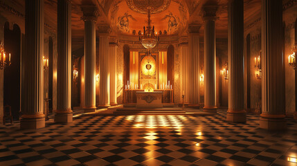 Obraz premium A Masonic lodge interior with ornate columns, checkerboard flooring, and a central altar illuminated by soft candlelight