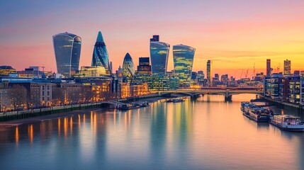 A beautiful cityscape of London with modern skyscrapers reflected in the Thames River at twilight.