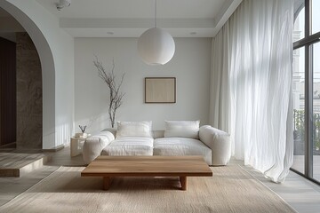 Fototapeta premium A modern living room with a combination of minimalist, white sofa and japandi interior design with pendant lighting. Generative AI 