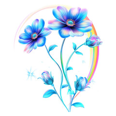 Obraz premium Colorful floral arrangement with blue flowers and rainbow on a transparent background.