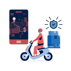 vector illustration of Delivery drivers delivering online shopping orders with mobile apps and motorbikes for safe e-commerce transactions and fast shipping of packages