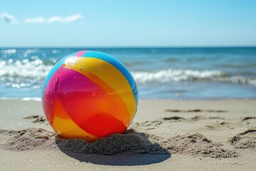 Obraz premium Colorful Beach Fun: Inflatable Ball on Sand with Sea Backdrop