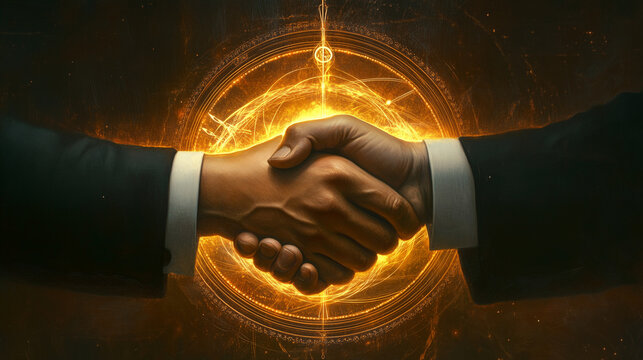 A Masonic handshake depicted in fine detail, with a glowing aura suggesting trust and fraternity
