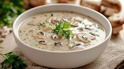 Simple mushroom soup in a white bowl