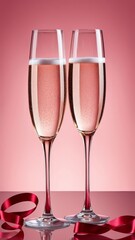 Two champagne glasses with sparkling wine and red ribbon on a pink background. Festive atmosphere for celebration or holiday events