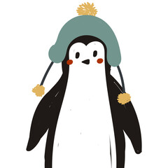 Cute winter penguin clipart design illustration on transparent background. Winter animal character. Hand draw vector illustration in flat style