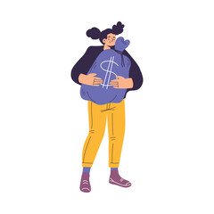 Rich Woman Character Carry Sack with Money Vector Illustration