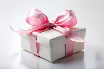 Obraz premium Elegant White Gift Box with Frosty Pink Bow on a White Background - Perfect for Holidays, Birthdays, or Special Occasions