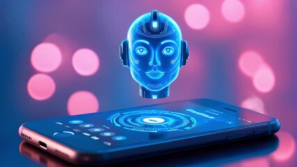 A futuristic digital interface showcasing an AI head above a smartphone screen. - Powered by Adobe