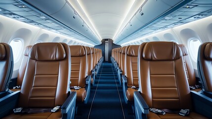 Fototapeta premium An empty airplane cabin with rows of brown leather seats.