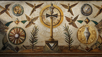 A mosaic of Masonic symbols including the hourglass, scythe, and acacia sprig, arranged in a harmonious pattern