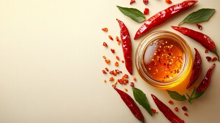 Spicy honey and chili peppers on pastel beige