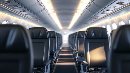 Fototapeta premium An empty airplane cabin with rows of black leather seats.