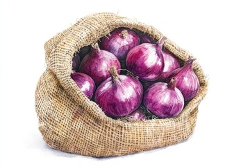 Hand drawn watercolor illustration of sack with fresh red onions, isolated on white background