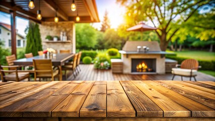 Obraz premium Empty Wooden Table with a Blurred BBQ Space in the Background, Perfect for Summer Gatherings and Outdoor Dining Experiences, Showcasing Texture and Natural Light