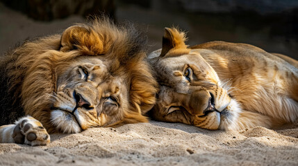 Male and female lions resting in the sand.