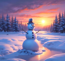Fototapeta premium Illustration of winter landscape with funny snowoman.