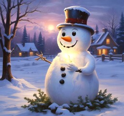 Fototapeta premium Illustration of winter landscape with funny snowoman.