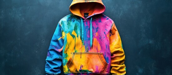 A sporty hoodie with distressed fabric and cutouts, vibrant colors with a washed-out effect, outdoor scene 