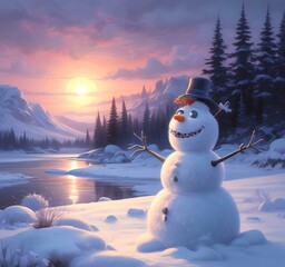 Obraz premium Illustration of winter landscape with funny snowoman.