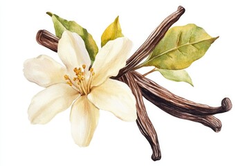 Vanilla Blossom: Watercolor Illustration of Yellow Orchid Flower and Pods on White Background