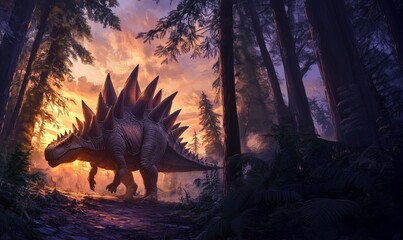 massive stegosaurus traverses misty forest path while dramatic sunset paints evening sky golden...